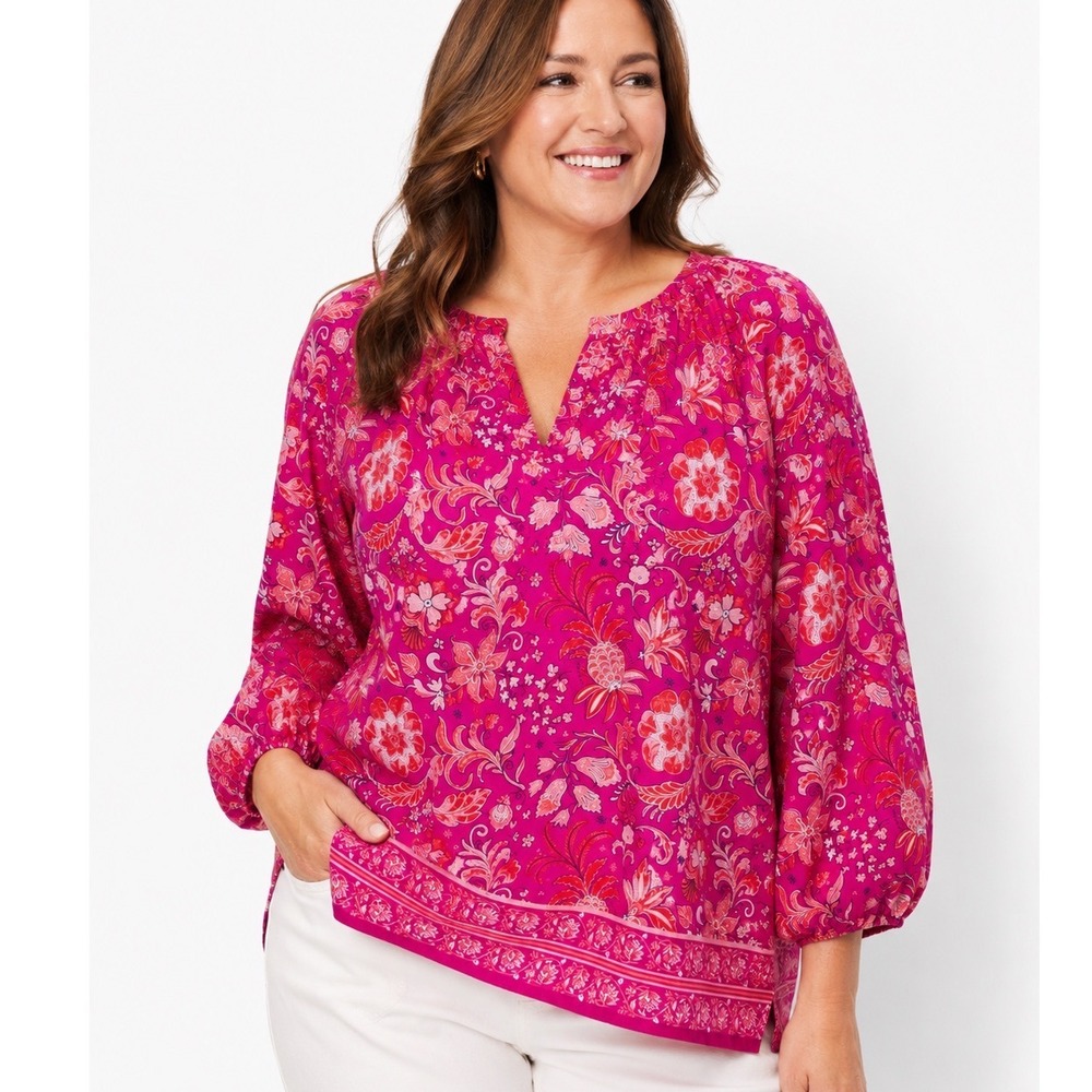 Talbots Plus 2X 100% Cotton Fuchsia Paisley Floral Blouse Long Sleeve Boho